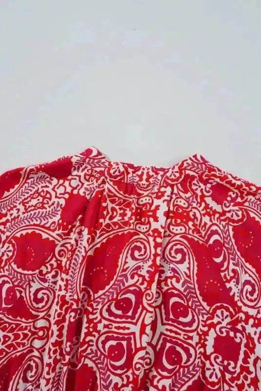 Maxi Dresses Red Paisley Maxi Dress - Side Slit Puff Sleeve High Waist