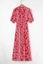 Maxi Dresses Red Paisley Maxi Dress - Side Slit Puff Sleeve High Waist