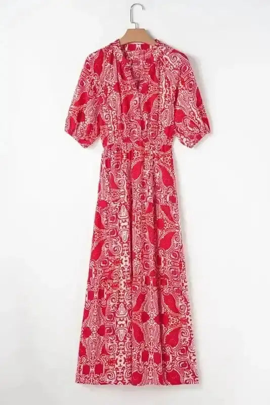 Maxi Dresses Red Paisley Maxi Dress - Side Slit Puff Sleeve High Waist