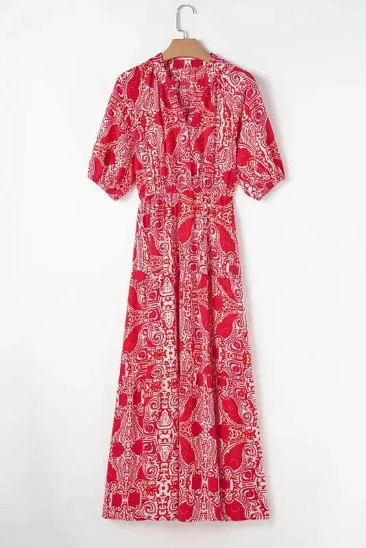 Maxi Dresses Red Paisley Maxi Dress - Side Slit Puff Sleeve High Waist