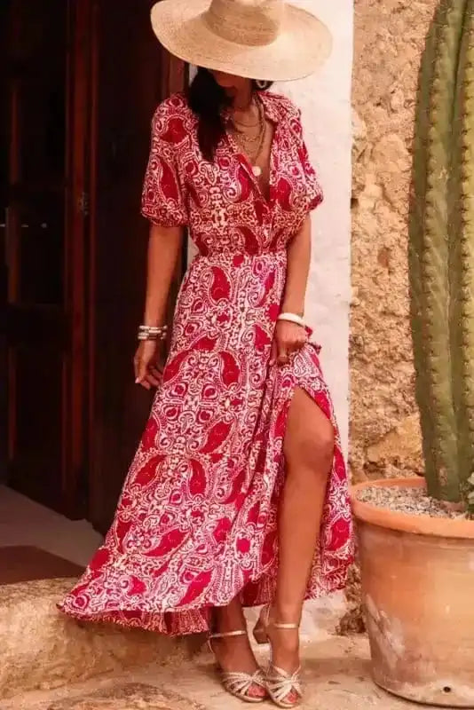 Maxi Dresses Red Paisley Maxi Dress - Side Slit Puff Sleeve High Waist