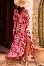 Maxi Dresses Red Paisley Maxi Dress - Side Slit Puff Sleeve High Waist