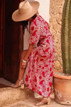 Maxi Dresses Red Paisley Maxi Dress - Side Slit Puff Sleeve High Waist