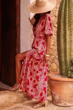 Maxi Dresses Red Paisley Maxi Dress - Side Slit Puff Sleeve High Waist