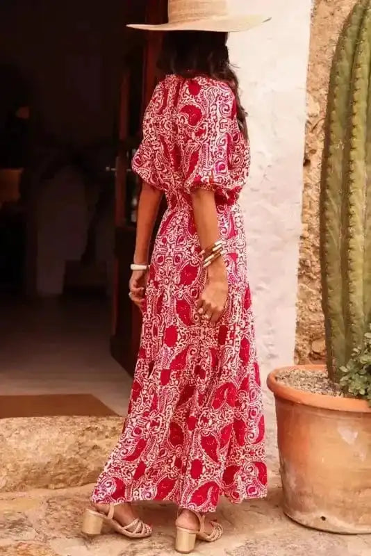 Maxi Dresses Red Paisley Maxi Dress - Side Slit Puff Sleeve High Waist