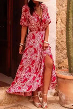 Maxi Dresses Red Paisley Maxi Dress - Side Slit Puff Sleeve High Waist