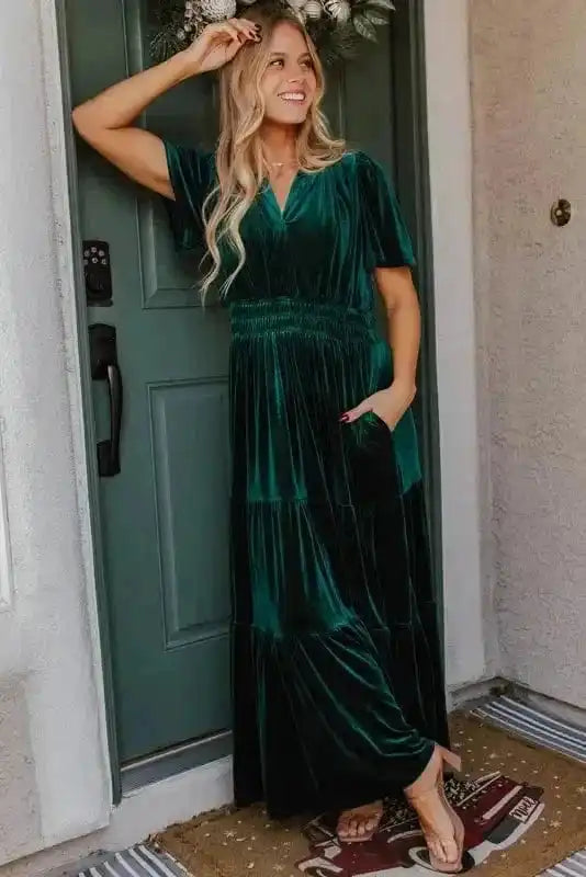 Maxi Dresses Velvet Rhapsody Tiered Maxi Dress - Evergreen