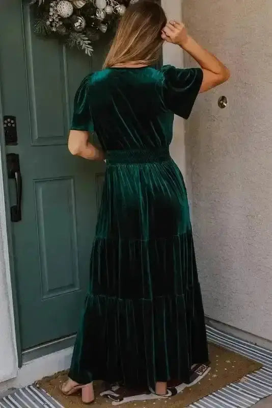 Evergreen velvet tiered boho maxi dress back view — Fashionfitz UK