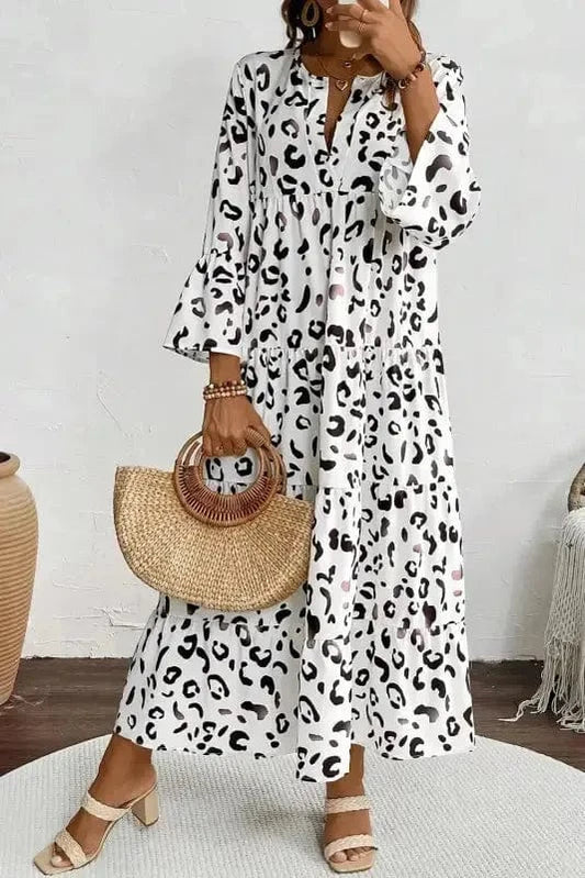 Maxi Dresses White / S / 100%Polyester Snow Leopard Elegance Maxi Dress