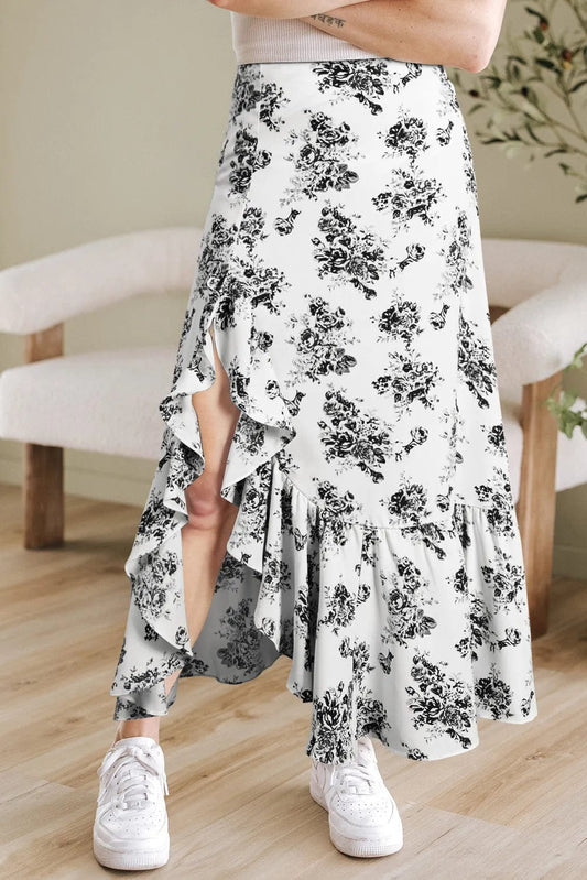 Maxi Skirts Black / S / 100%Polyester Boho Floral Split Maxi Skirt