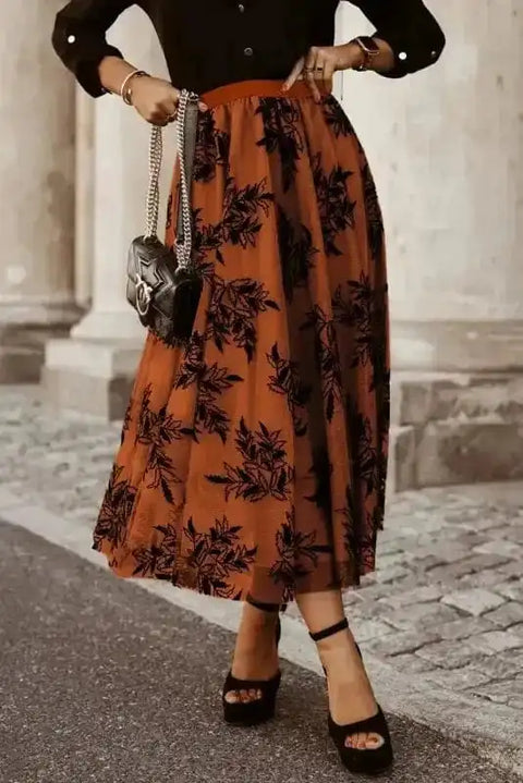 Maxi Skirts Gold Flame / S / 100%Polyamide Leaves Embroidered Maxi Skirt