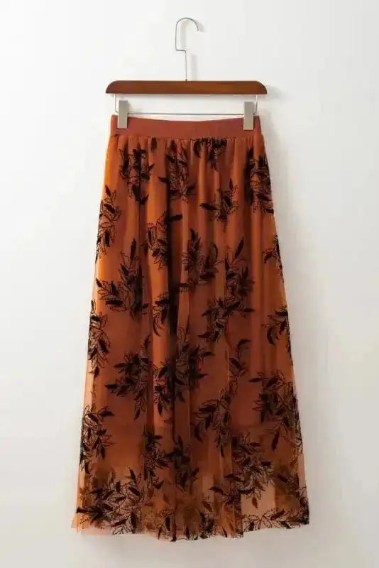 Maxi Skirts Leaves Embroidered Maxi Skirt