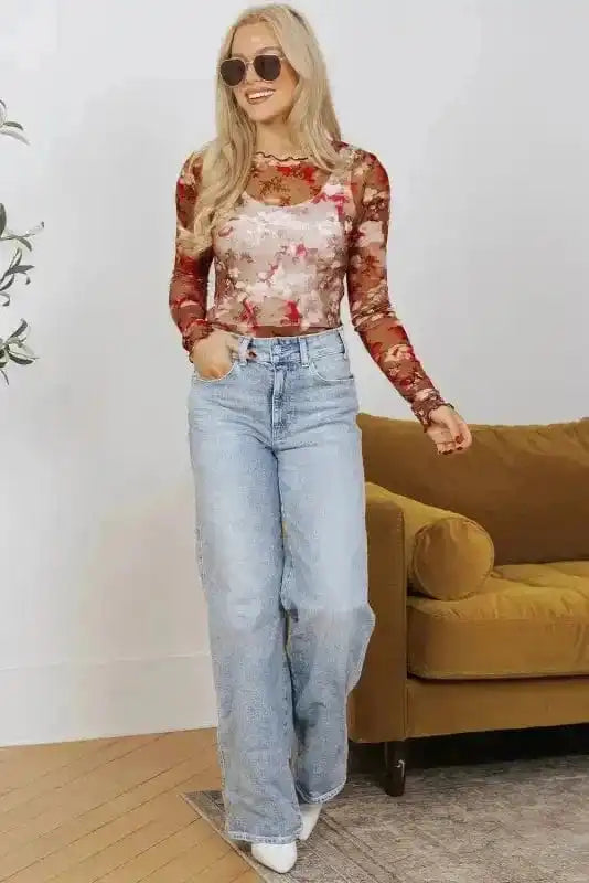 Mesh Tops Floral Mesh Long Sleeve Top