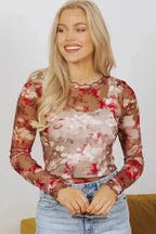 Mesh Tops Floral Mesh Long Sleeve Top
