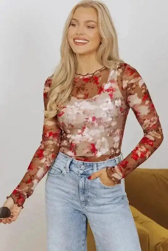 Mesh Tops Floral Mesh Long Sleeve Top