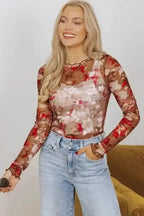 Mesh Tops Floral Mesh Long Sleeve Top