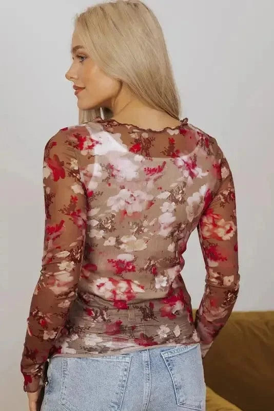 Mesh Tops Floral Mesh Long Sleeve Top