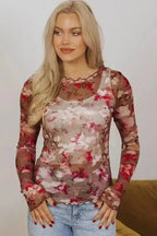Mesh Tops Floral Mesh Long Sleeve Top