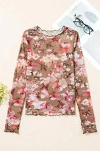 Mesh Tops Floral Mesh Long Sleeve Top