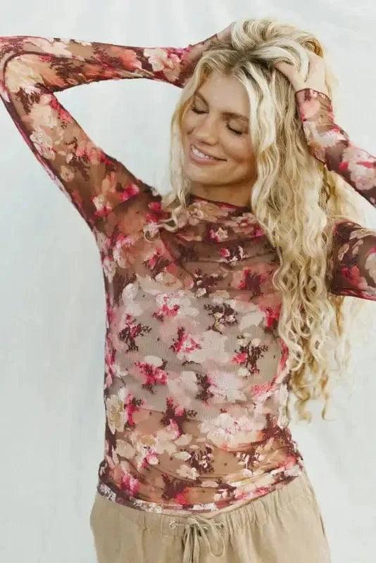 Mesh Tops Floral Mesh Long Sleeve Top