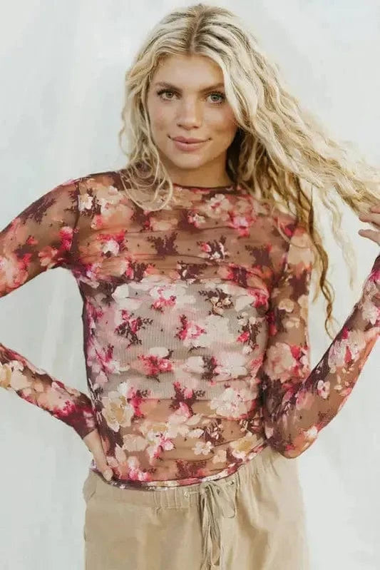 Mesh Tops Floral Mesh Long Sleeve Top