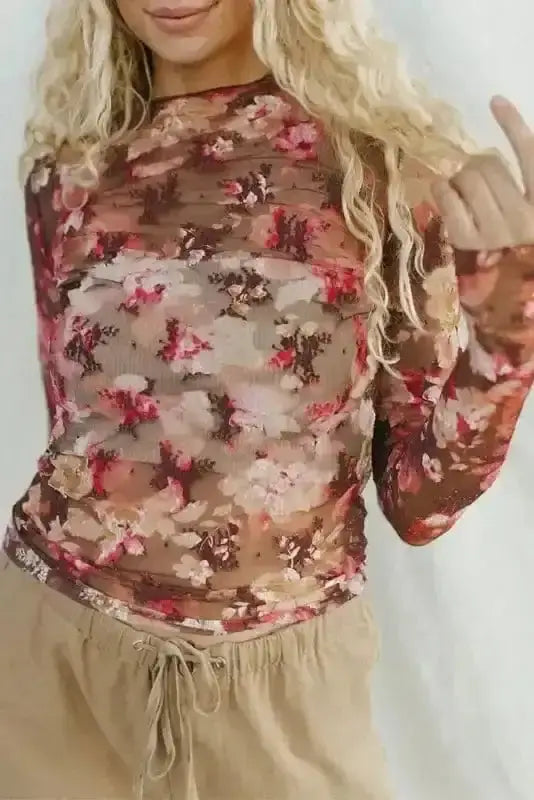 Mesh Tops Red / S / 95%Polyester+5%Elastane Floral Mesh Long Sleeve Top
