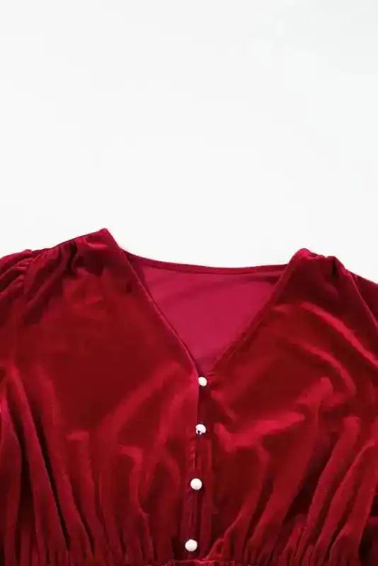 Midi Dresses Black Velvet Midi Dress - Buttoned Puff Sleeve V-Neck Split