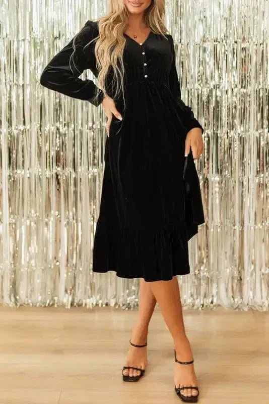 Midi Dresses Black Velvet Midi Dress - Buttoned Puff Sleeve V-Neck Split