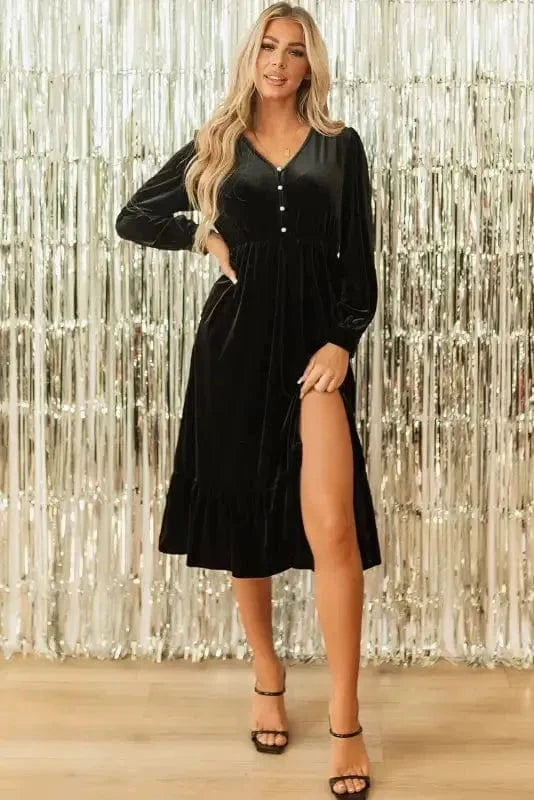 Midi Dresses Black Velvet Midi Dress - Buttoned Puff Sleeve V-Neck Split