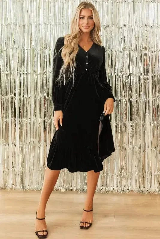 Midi Dresses Black Velvet Midi Dress - Buttoned Puff Sleeve V-Neck Split