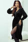Midi Dresses Black Velvet Midi Dress - Buttoned Puff Sleeve V-Neck Split