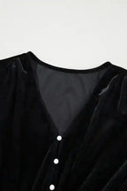 Midi Dresses Black Velvet Midi Dress - Buttoned Puff Sleeve V-Neck Split