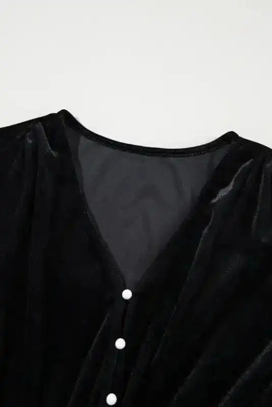 Midi Dresses Black Velvet Midi Dress - Buttoned Puff Sleeve V-Neck Split
