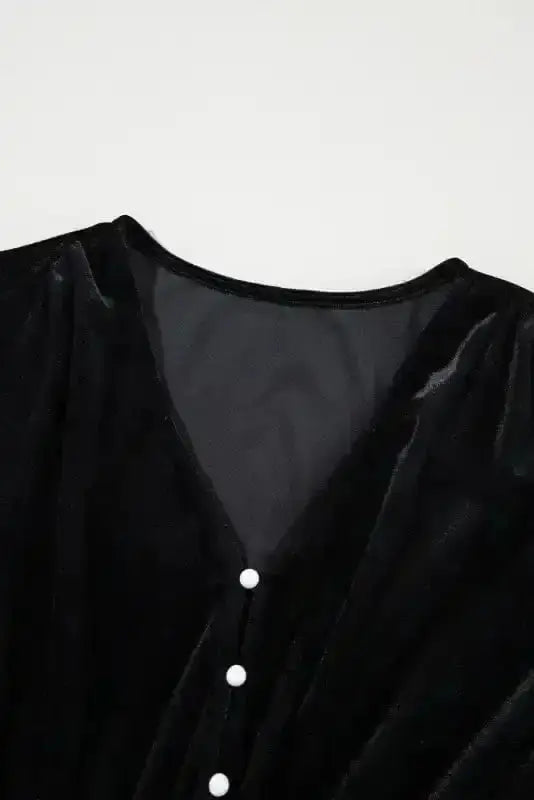 Midi Dresses Black Velvet Midi Dress - Buttoned Puff Sleeve V-Neck Split