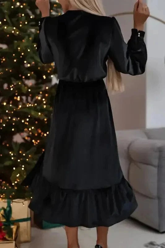 Midi Dresses Black Velvet Midi Dress - Buttoned Puff Sleeve V-Neck Split