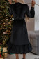 Midi Dresses Black Velvet Midi Dress - Buttoned Puff Sleeve V-Neck Split