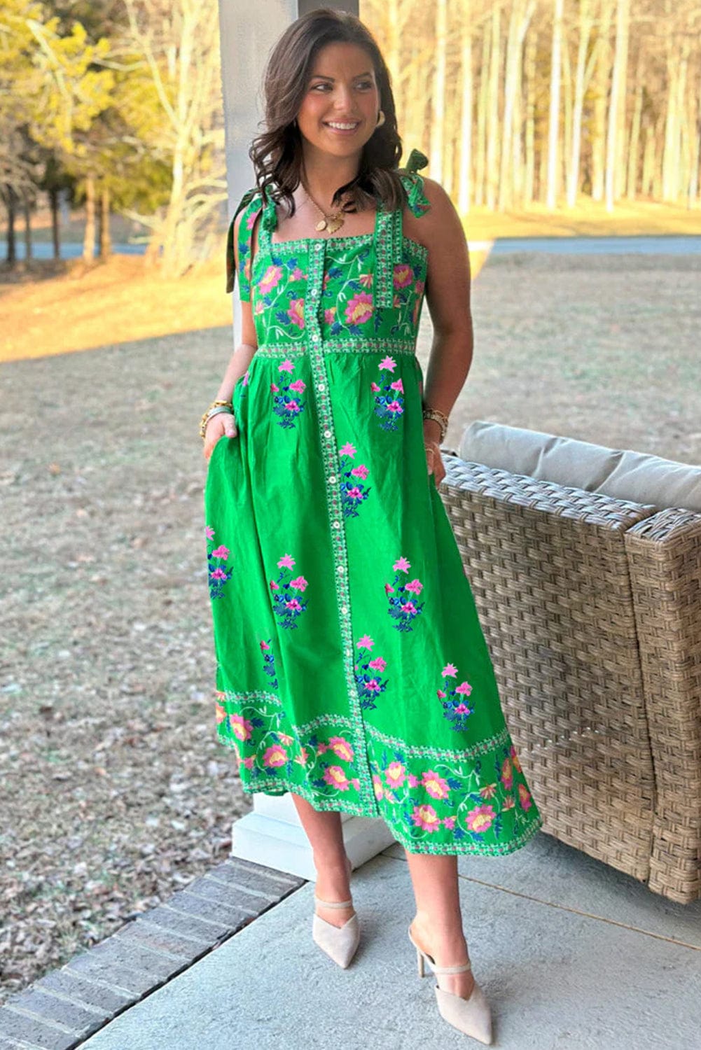 Midi Dresses Green Floral Midi Dress - Knotted Straps