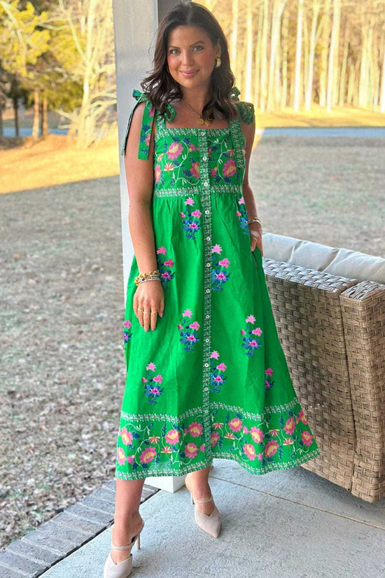 Midi Dresses Green Floral Midi Dress - Knotted Straps