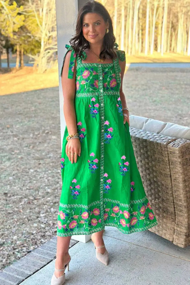 Green floral knotted strap midi dress back view — Fashionfitz UK