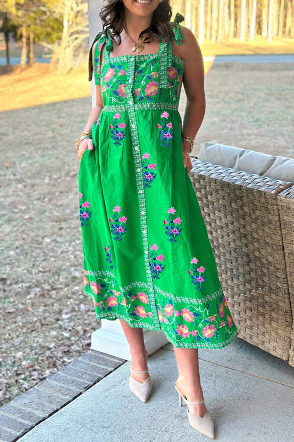 Midi Dresses Green Floral Midi Dress - Knotted Straps