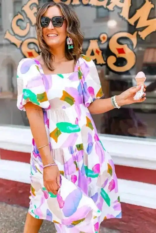 Midi Dresses Purple Abstract Midi Dress - Puff Sleeve Smocked Back
