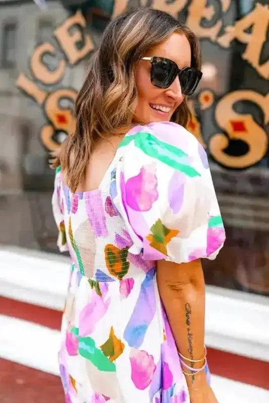 Midi Dresses Purple Abstract Midi Dress - Puff Sleeve Smocked Back