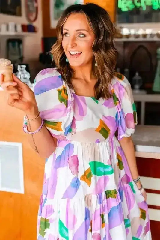 Midi Dresses Purple Abstract Midi Dress - Puff Sleeve Smocked Back