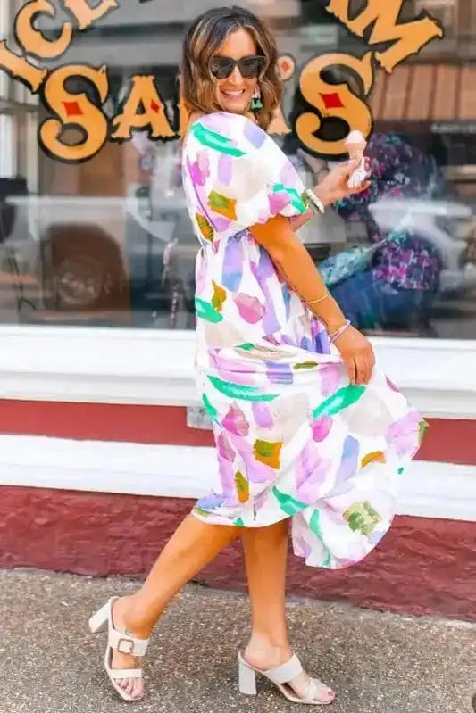 Midi Dresses Purple Abstract Midi Dress - Puff Sleeve Smocked Back
