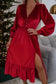 Midi Dresses Racing Red / S / 95%Polyester+5%Elastane Black Velvet Midi Dress - Buttoned Puff Sleeve V-Neck Split