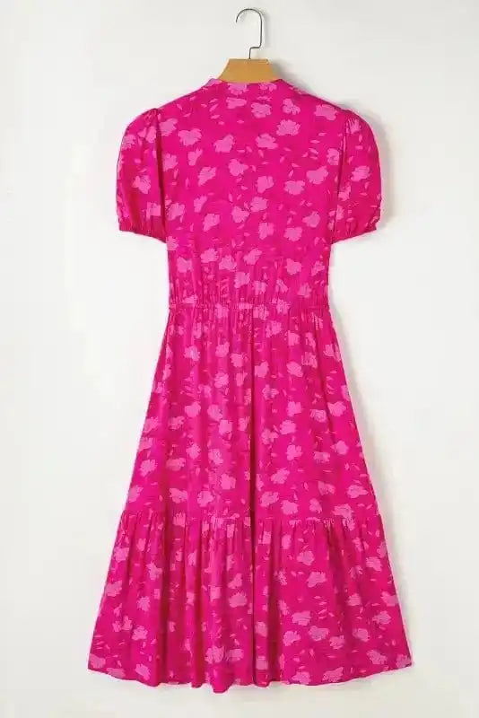 Midi Dresses Rose Red Floral Midi Dress - Pleated Flowy