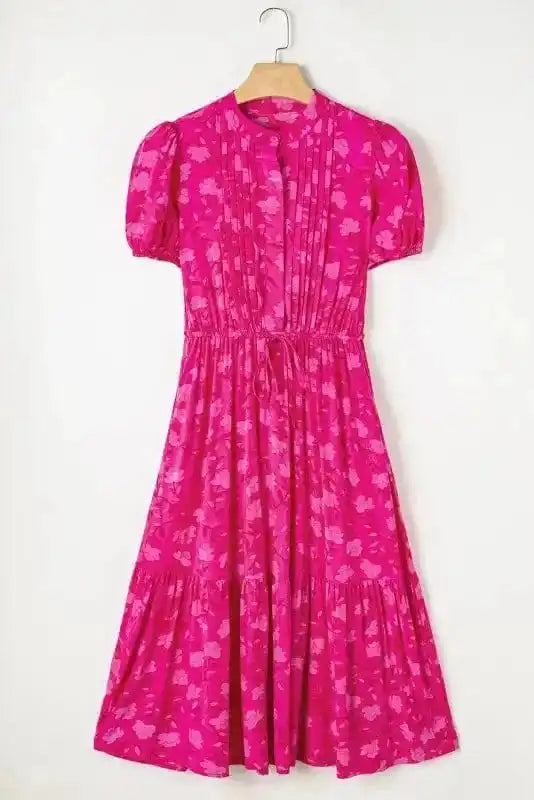 Midi Dresses Rose Red Floral Midi Dress - Pleated Flowy