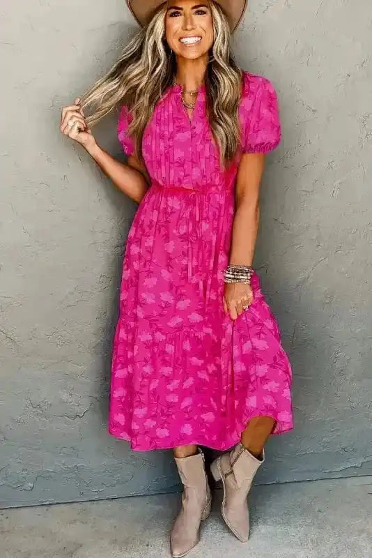 Midi Dresses Rose Red Floral Midi Dress - Pleated Flowy