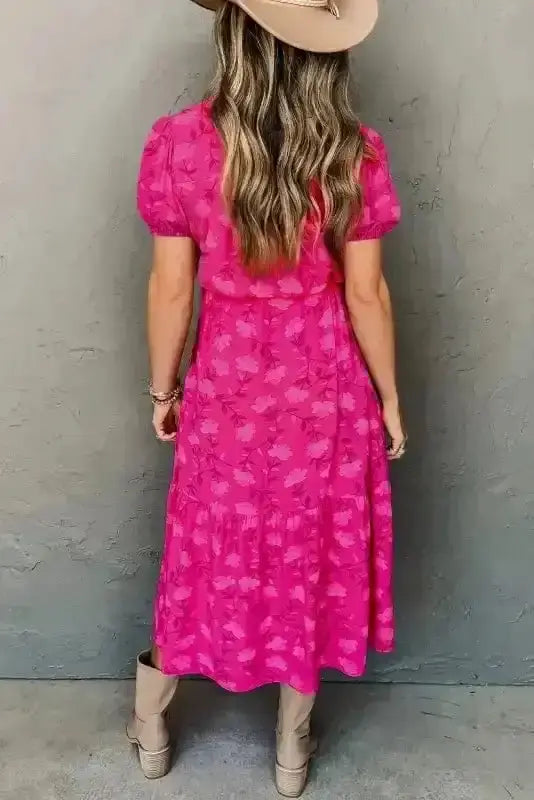 Midi Dresses Rose Red Floral Midi Dress - Pleated Flowy