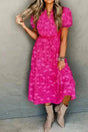 Midi Dresses Rose Red / S / 100%Viscose Rose Red Floral Midi Dress - Pleated Flowy